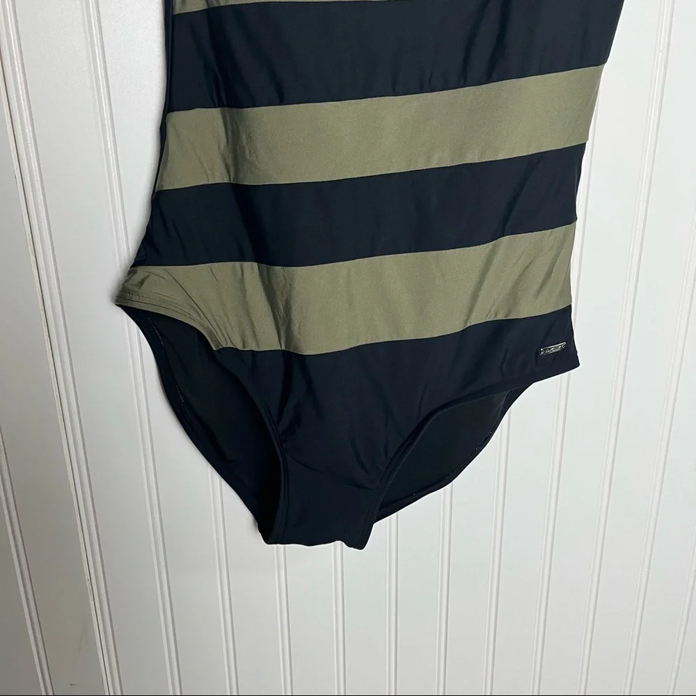 DKNY Olive Green and Black Striped One-Shoulder One-Piece Swimsuit - Picture 3 of 6